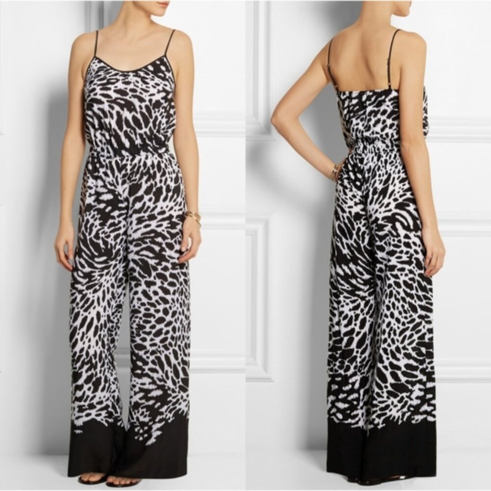 Michael Kors Animal Print Jumpsuit Womens Size XS Black White Dipped Sleeveless